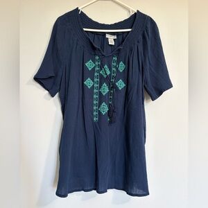 Catherines Top Womens 1X 18-20 Navy Tasseled Aztec Boho Peasant Blouse Cotton